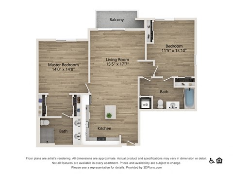 Floor plan for 2 beds, 2 baths, 1391 sqft